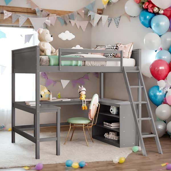 slide 2 of 10, Elegant Full size Loft Bed with Shelves, Ladder and Desk, Health and Comfort, Solid Construction & Versatility Galore, Grey Grey