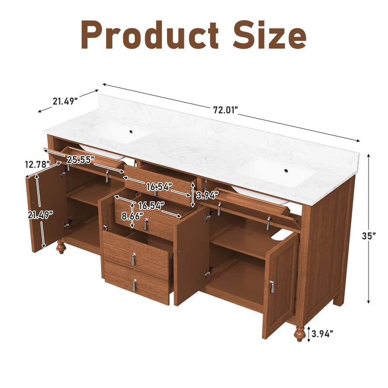72-Inch Farmhouse Style Bathroom Vanity with Double Ceramic Sink