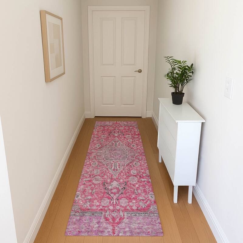 Premium Washable Super Soft Vintage Traditional Mayfield Rug - Pink - 2'3" x 7'6"