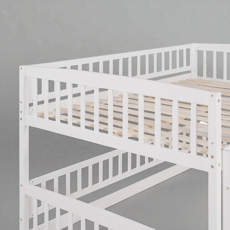 Twin Over Twin / Full Over Full Bunk Bed with Slide and Fence, Low Wood Frame with Ladder for Kids and Teens