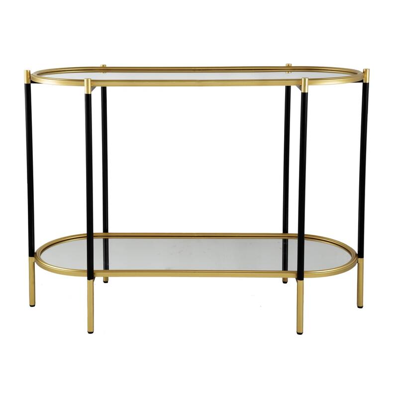 30 Inch Console Sideboard Table, Oblong, Mirrored Top, Black, Gold - Yellow