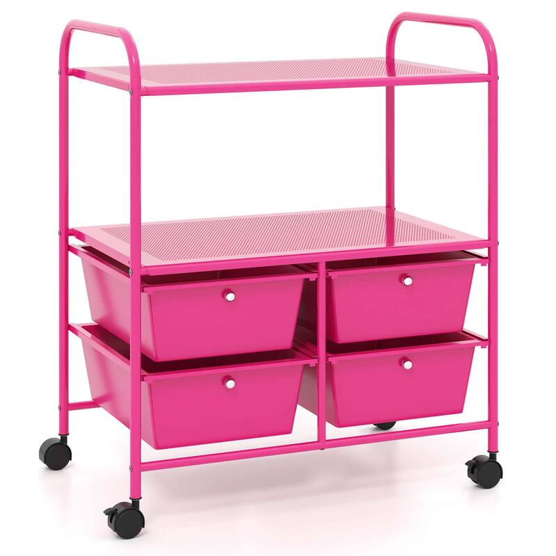 Rolling Storage Cart Metal Rack Shelf with 4 Drawers 2 Shelves - Hot Pink