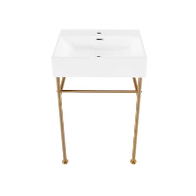 Reims 24 Ceramic Console Sink White Basin Brushed Gold Legs - 16.55" x 35.45" 24"