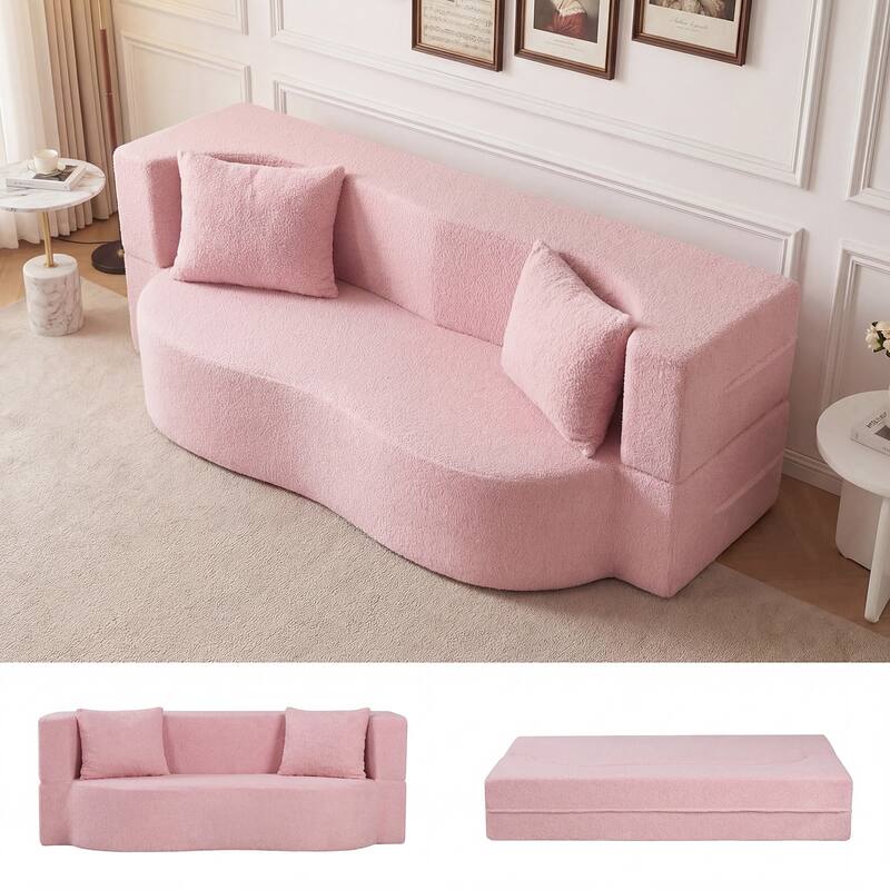 Gymax 75.5'' Folding Sofa Bed w/2 Comfortable Pillows No Assembly - Pink