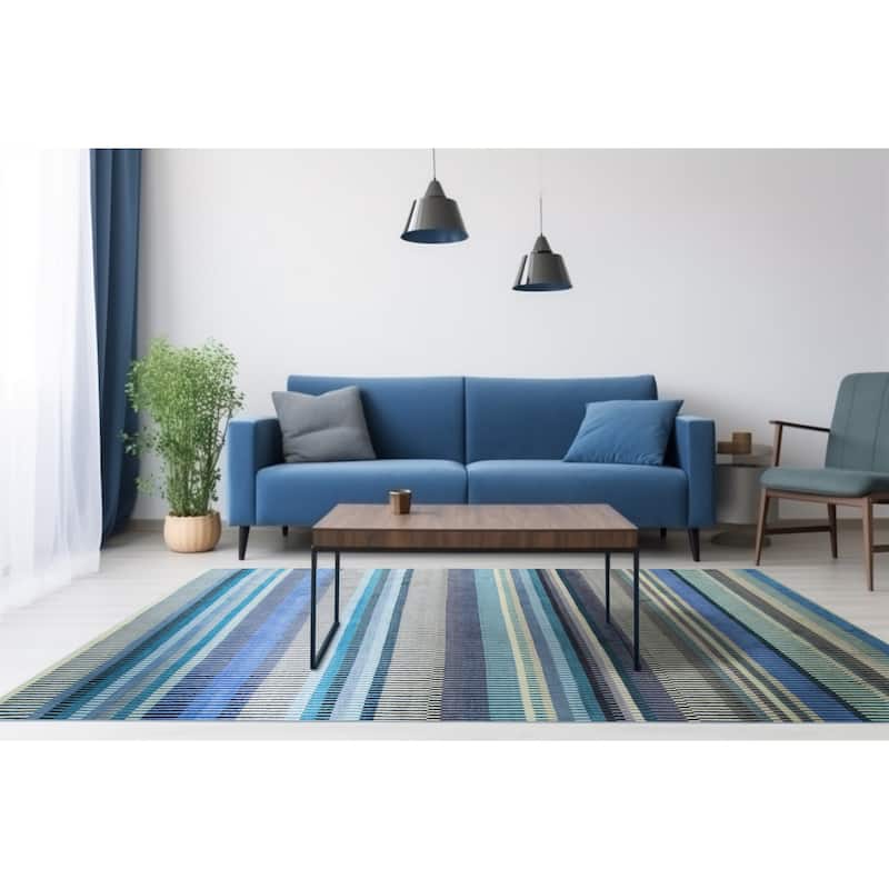Home Decor Hand-Knotted Wool Stripe/Blue Modern Striped Rug Stylish and Durable Area Rug for Enhancing the Comfort - 9' x 12'