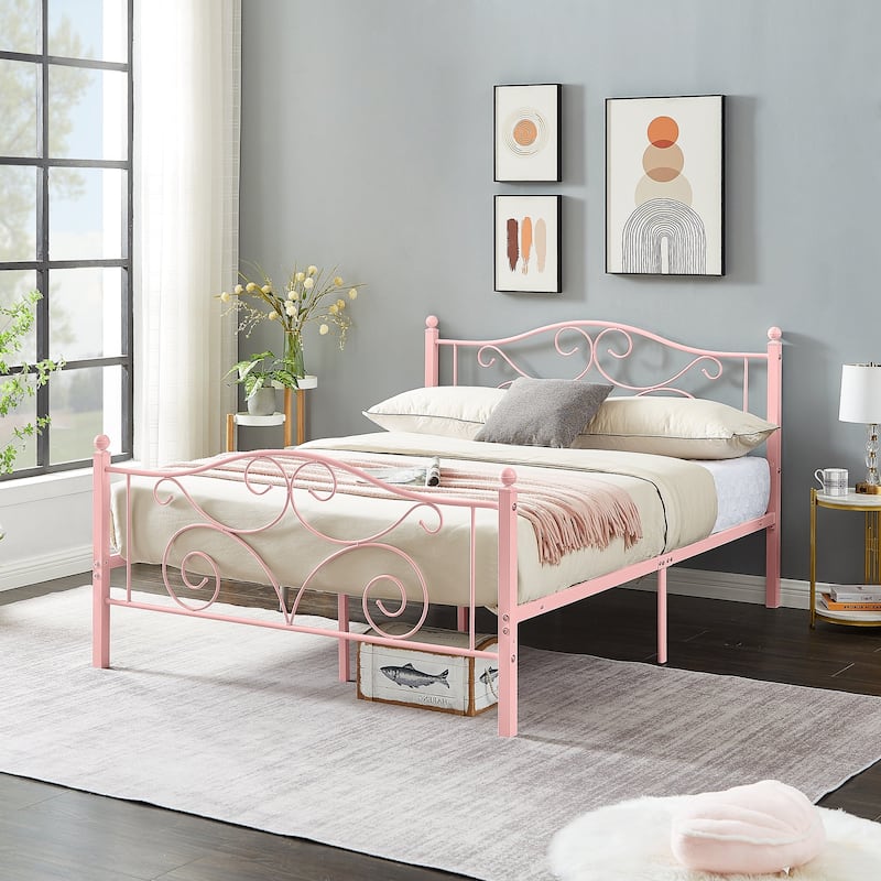 VECELO Metal Platform Bed Frame with Roman Column Floral Scrollwork Headboard No Box Spring Needed Twin/Full/Queen Size