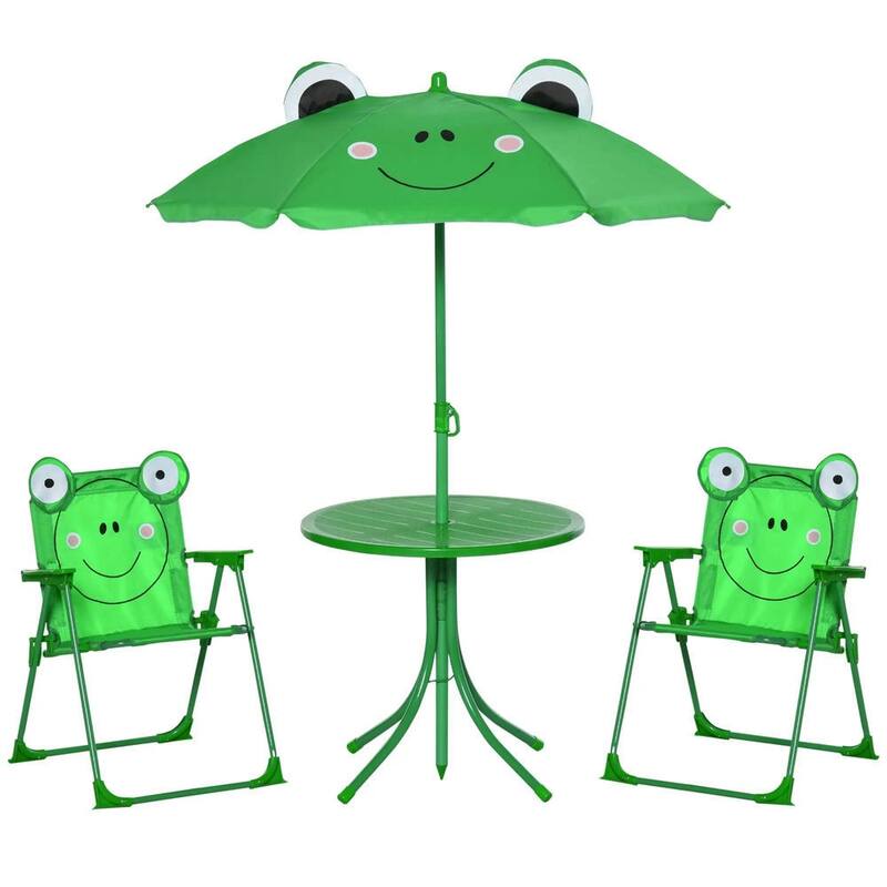 Folding Kids Picnic Table Set,Frog Pattern,Adjustable Umbrella,Garden - Green