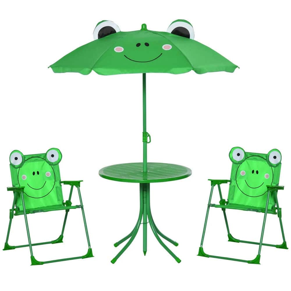Folding Kids Picnic Table Set,Frog Pattern,Adjustable Umbrella,Garden
