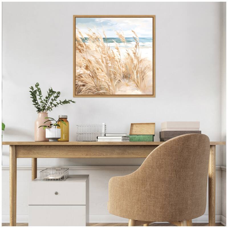 Kate and Laurel Sylvie Beige Beach Grass Near Traquil Beach Framed Canvas by The Creative Bunch Studio