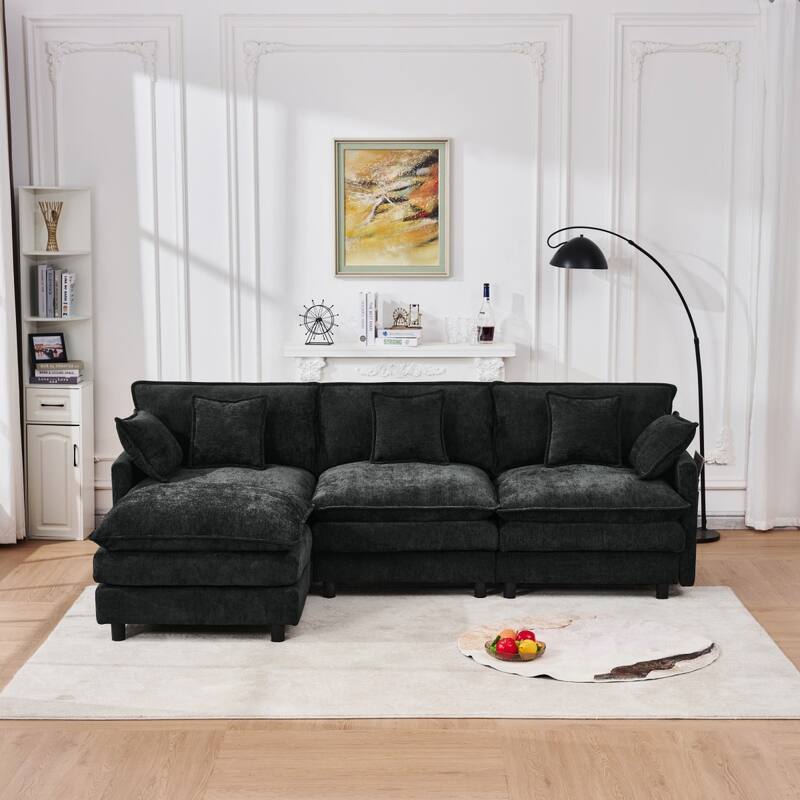 101.9" L-shaped Cashmere Sectional Sofa with Pillows and Movable Ottoman - Black