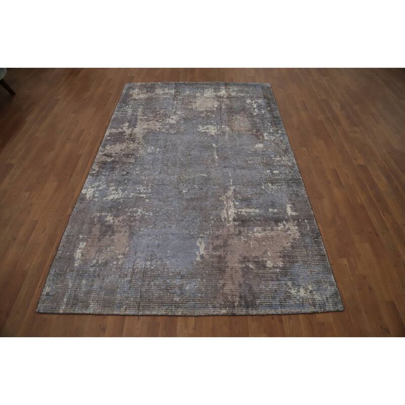 Hand Knotted Oriental Viscose Silk Carpet Modern All-Over Greys & Charcoal Abstract Area Rug - 7' 11'' X 5' 0''