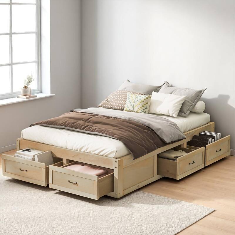 Full/Queen Platform Bed with 6 Storage Drawers, Modern Wood Frame with Slats, No Box Spring Needed