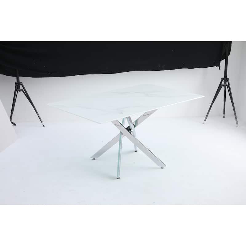 Modern rectangular tempered glass table and silver iron frame