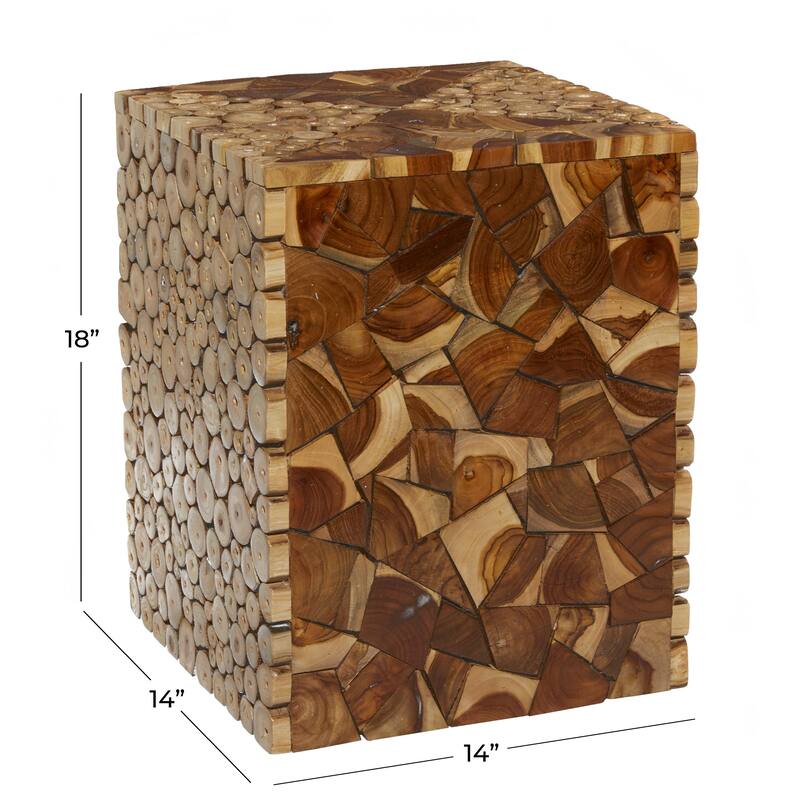 Brown Teak Wood Handmade Square Block Side End Accent Table with Mosaic Wood Chip Design