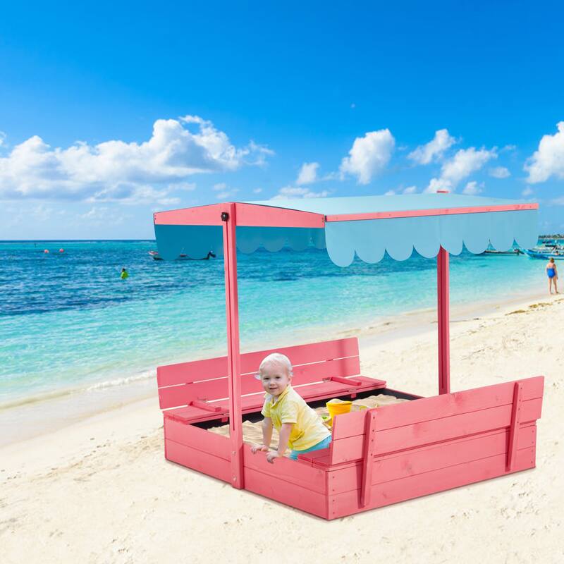 EROMMY Kids Wooden Sandbox with 2 Foldable Bench Seats and Adjustable Canopy Roof