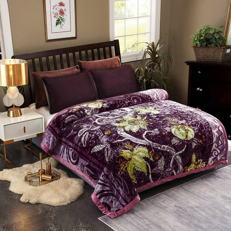 Plush Raschel Korean Printed Fleece Blanket - Queen - Purple