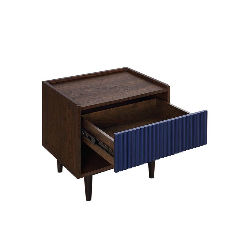 Modern Nightstand with Fluted Design Single Drawer and Open Shelf