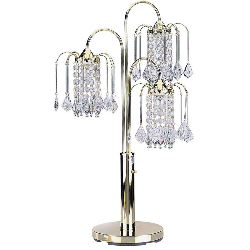 HomeRoots 34" Gold and Faux Crystal Three Light Chandelier Table Lamp - 15' X '34' X '15