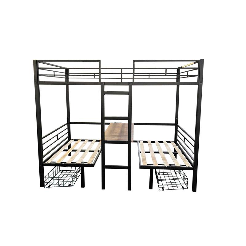 Transformable Twin Loft Bed with Table and Storage, Durable Metal Frame, Noise-Free Slats, Full-Length Guardrails