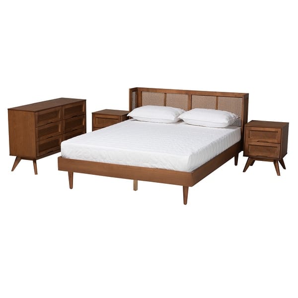 slide 2 of 15, Rina Mid-Century Modern Ash Walnut Finished Wood 3-Piece/ 4-Piece Bedroom Set with Synthetic Rattan(Multiple Bed Sizes) 4 Piece - Full