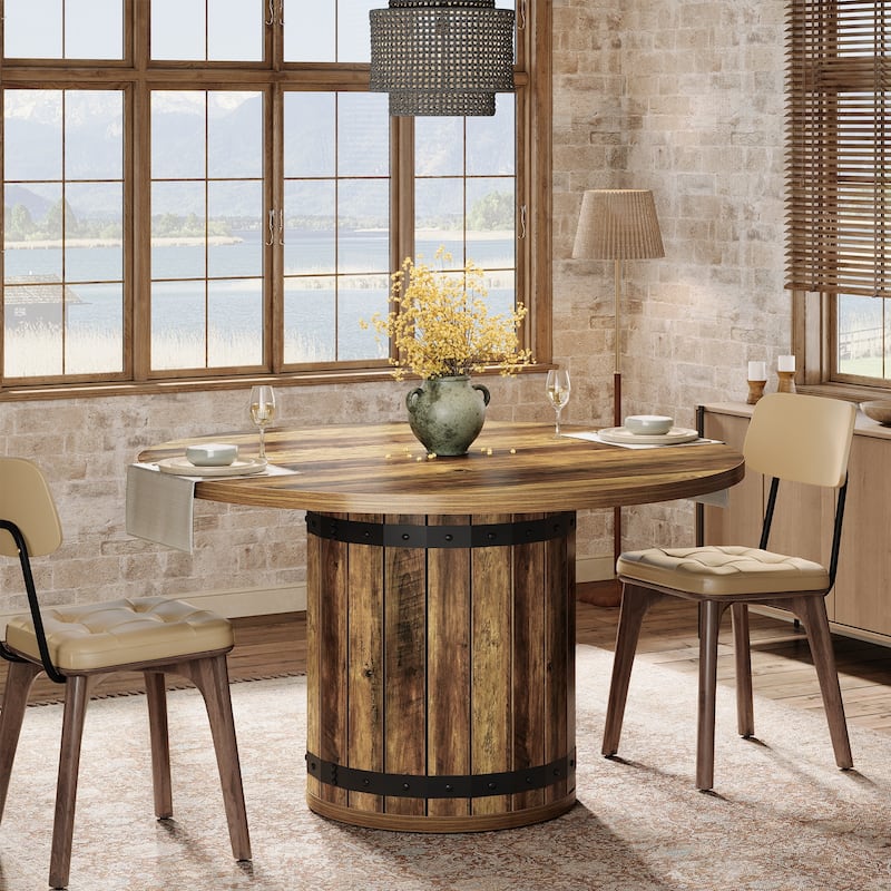 Wooden Round Dining Table with Fence Pedestal for 4 People