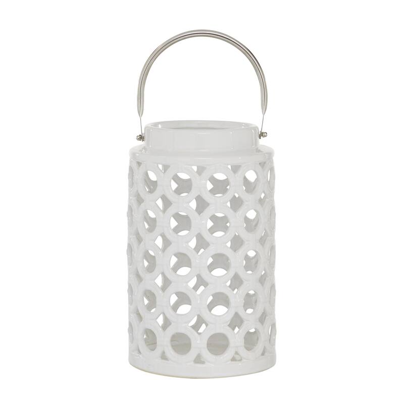 Ceramic Circles Decorative Candle Lantern with Cut Out Design - White - Roche River Decor