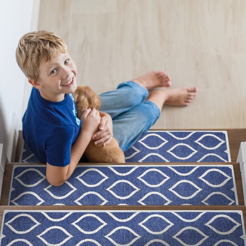 SussexHome Drop Design 9" X 28" Stair Treads - 70% Cotton Anti-Slip Carpet Strips for Indoor Stairs-with Double Adhesive Tape - 7 PACK - Navy