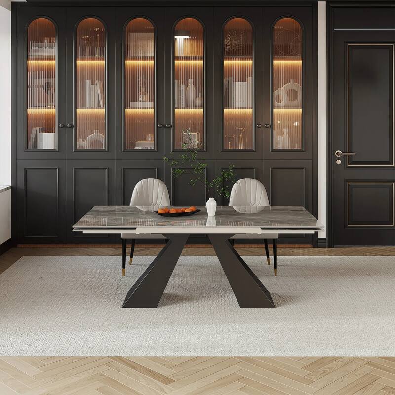 9 - Piece 110.24'' Extendable Sintered Stone Dining Table and 8 Leather Chairs Dining Set