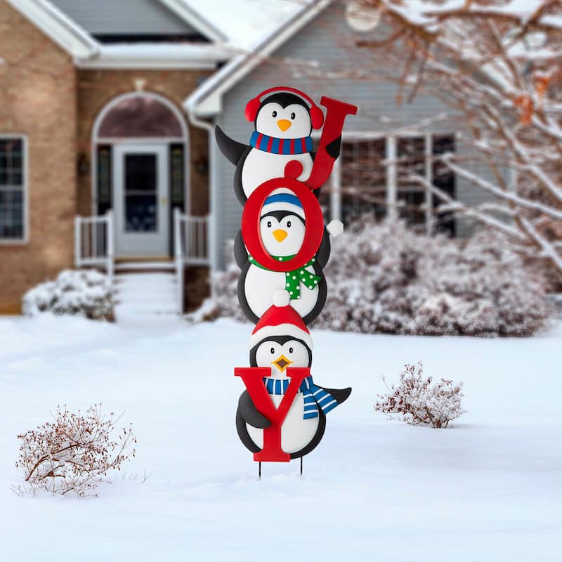 Glitzhome 42"H Christmas Metal JOY Penguin Yard Stake Wall Decor - Multi-color - Multi-color