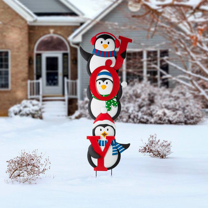Glitzhome 42"H Christmas Metal "JOY" Penguin Yard Stake or Wall Decor - Multi-color - Multi-color