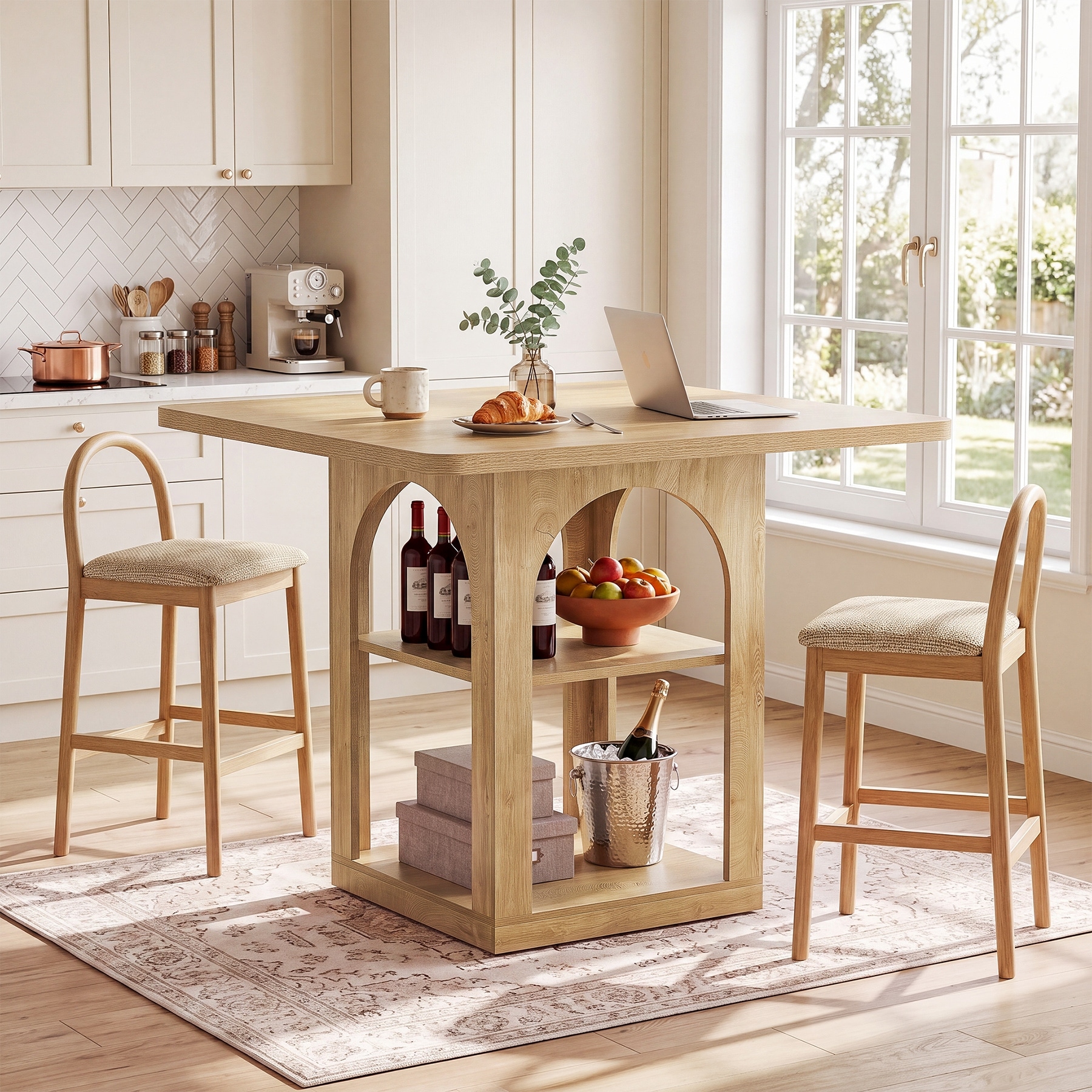 47.2-Inch Square Home Bar Table with Storage Shelves for Home Kitchen Dining Room
