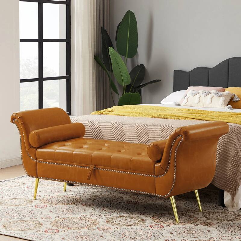 Armed Ottoman Bench PU Leather Bench Button Tufted Sofa Stool Bench Footrest Stoolfor Entryway, Living Room and Window - Camel2