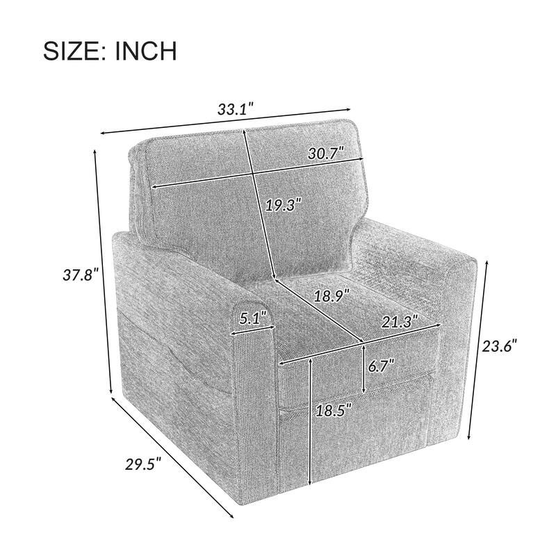 Chenille 360° Swivel Barrel Chair with Side Pockets, Ergonomic Support, and Removable Cushions