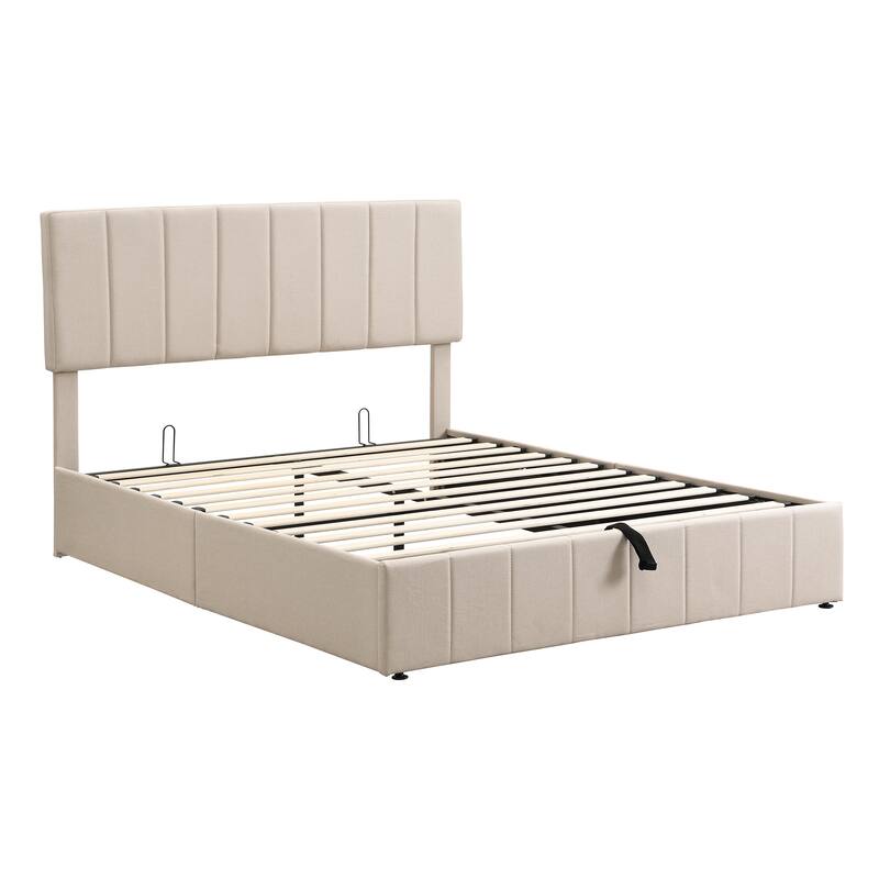 Hydraulic Lift Up Storage Bed, Linen Upholstered Platform Bed Frame with Vertical Panel Headboard, Wooden Slat Support