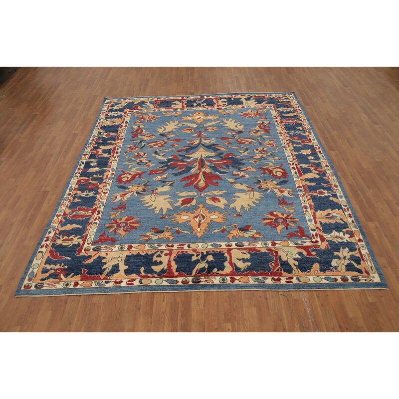 Hand Knotted Oriental 100% Wool Carpet Transitional Floral Navy Blue & Blues Oushak Area Rug - 9' 7'' X 8' 5''