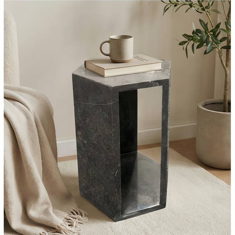 Roomfitters Luxury Natural Marble Hexagon Side Table, Solid Stone Geometric Pedestal End Table, Polished Finish
