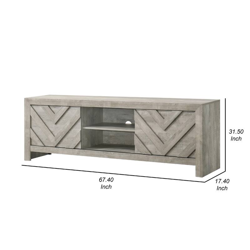 Velz TV Media Stand Console, 2 Chevron Doors, Open Shelves, Beige