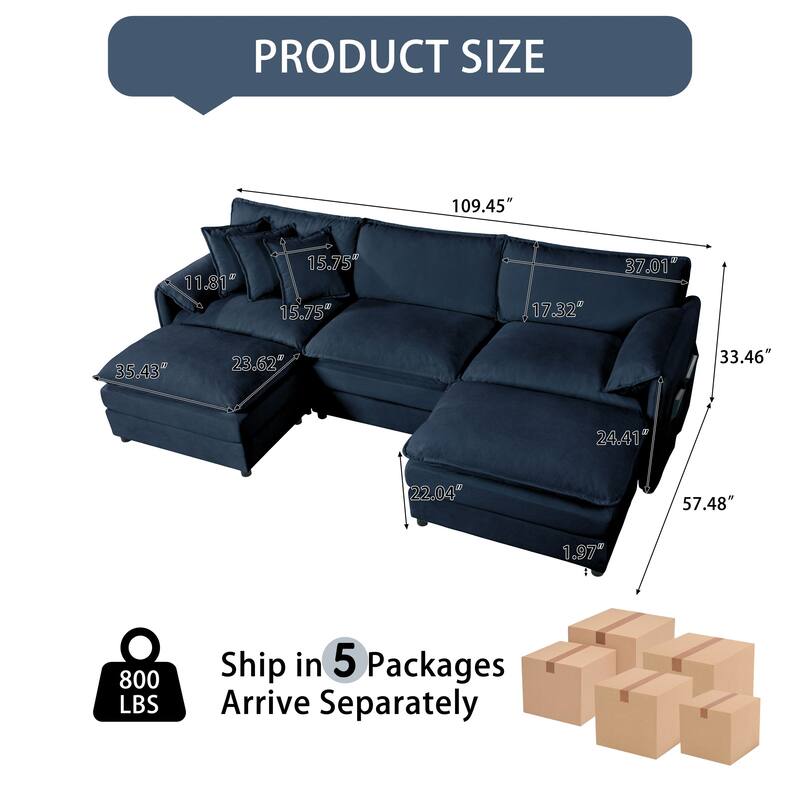 GDFStudio - 5-Piece Modular U-Shaped 109.45" Sectional Sofa with 2 Movable Ottomans