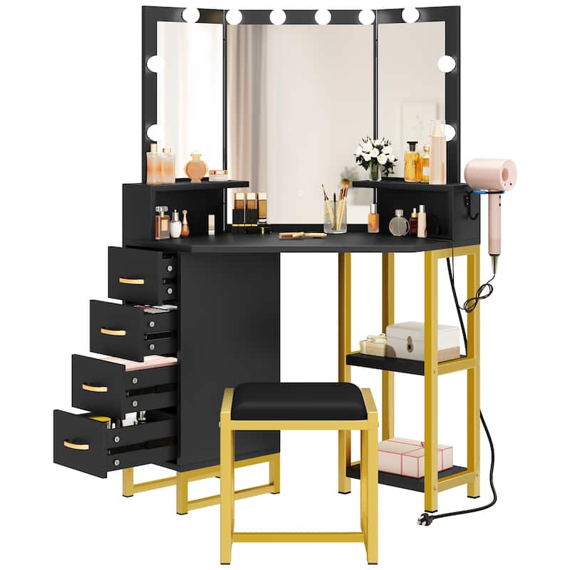Modern 41.7" Mirror Makeup Vanity Table with Stool and Light bulb - 41.7''L x 15.3''W x 55.3''H - Black