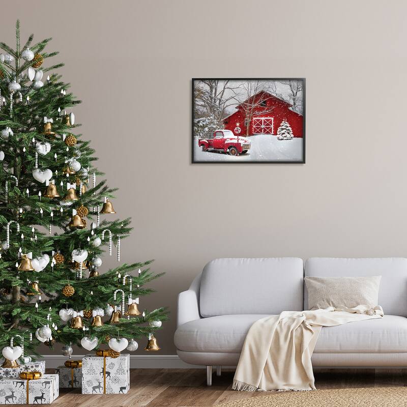 Stupell Red Barn & Truck Powdery Snow Rural Scenery Framed Wall Art - Grey
