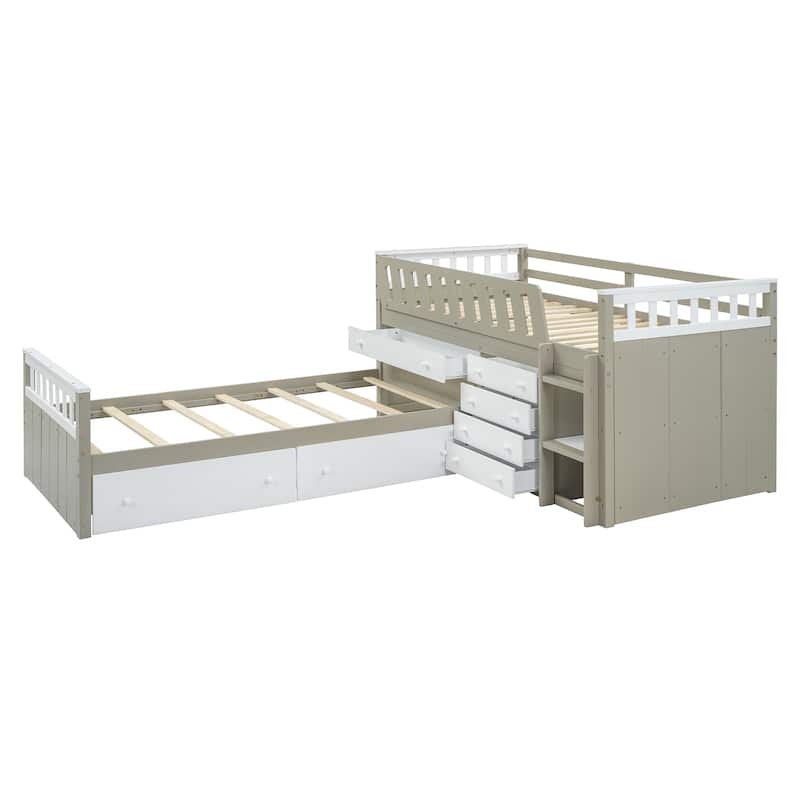 L-shaped Space-Saving Twin Loft and Twin Platform Bed with 7 Drawers and Full Guardrails