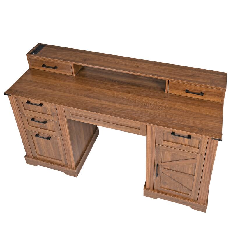 59" Executive Desk with Drawers, Farmhouse Home Office Desk Wood Computer Desk with Charging Station, Keyboard Tray
