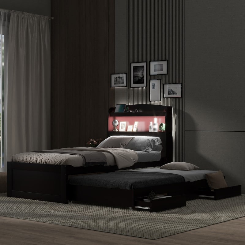 Twin XL Size Platform Bed w/Twin Size Trundle and 2 Drawers,LED Headboard,Charging Station