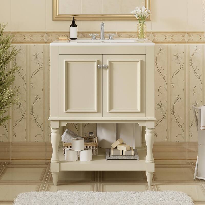 24 inch Modern Luxury Bathroom Vanity with Ceramic Sink, Bathroom Cabinet with Open Shelf and Closed Storage - Beige