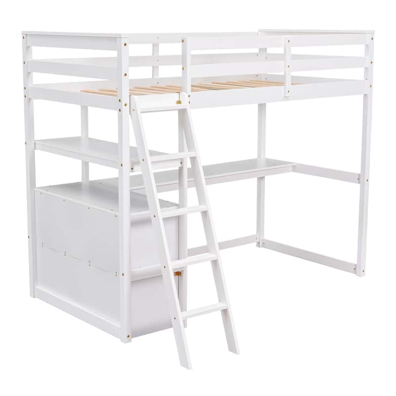 Modern Twin Pine Loft Bed with Desk and Drawers