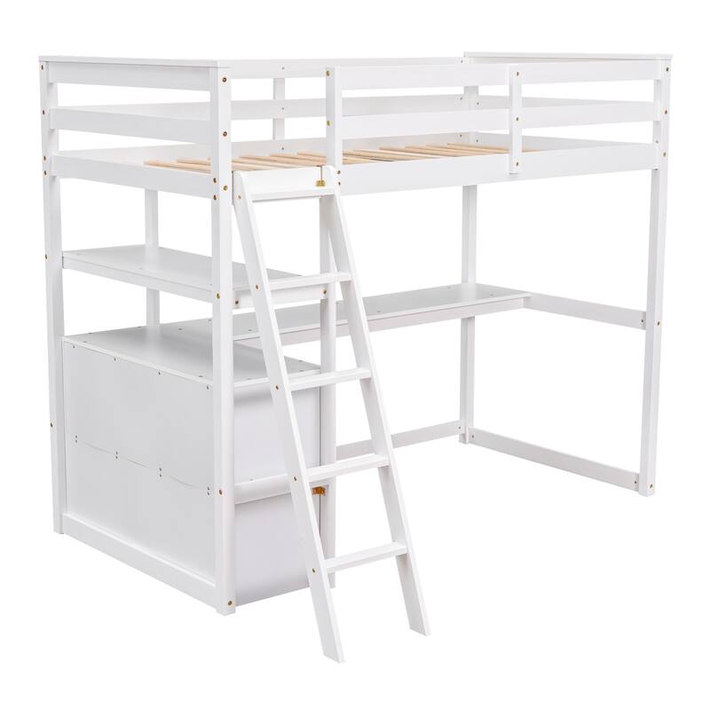 Twin Loft Bed with Desk, Shelves, and Drawers, White