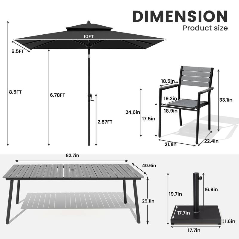 11-Piece Patio Dining Set w/10 ft Umbrella and Base, Rectangle Aluminum Table and 8 Stackable Chairs