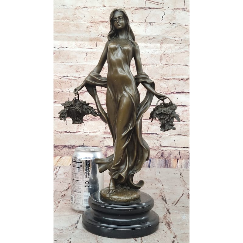 Young Woman Holding Baskets Of Flowers Grapes Bronze Sculpture Statue Decor