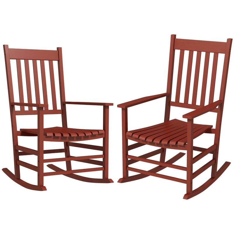 Outsunny 2 PCs Wooden Rocking Chair Set, Outdoor Rocker Chairs with Curved Armrests, High Back