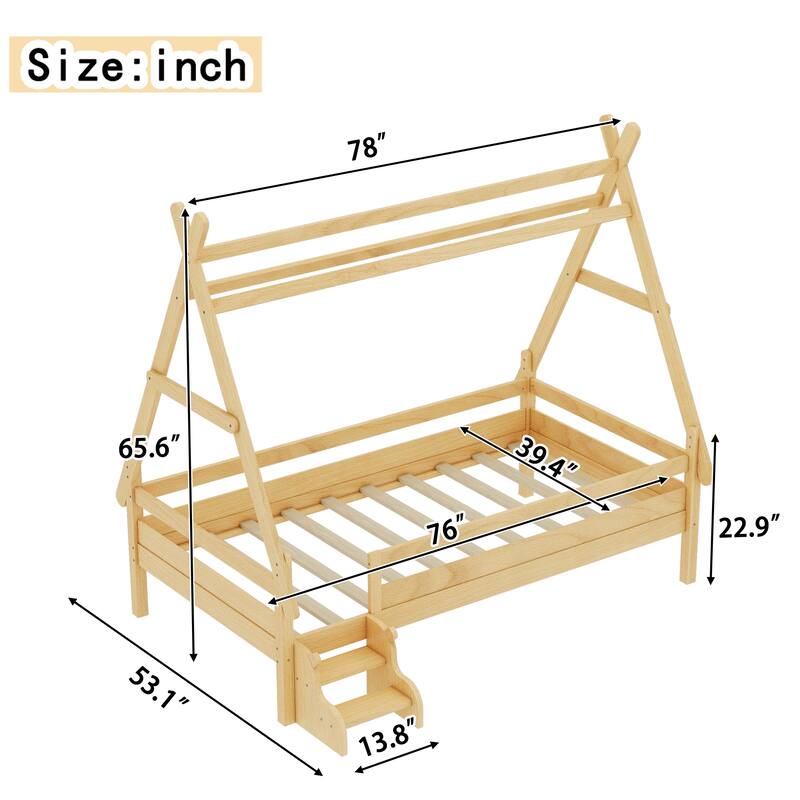 Twin/Full House Platform Bed with Stairs, Solid Wood Low Profile Kids Bed Frame, Fun Playhouse Design for Children